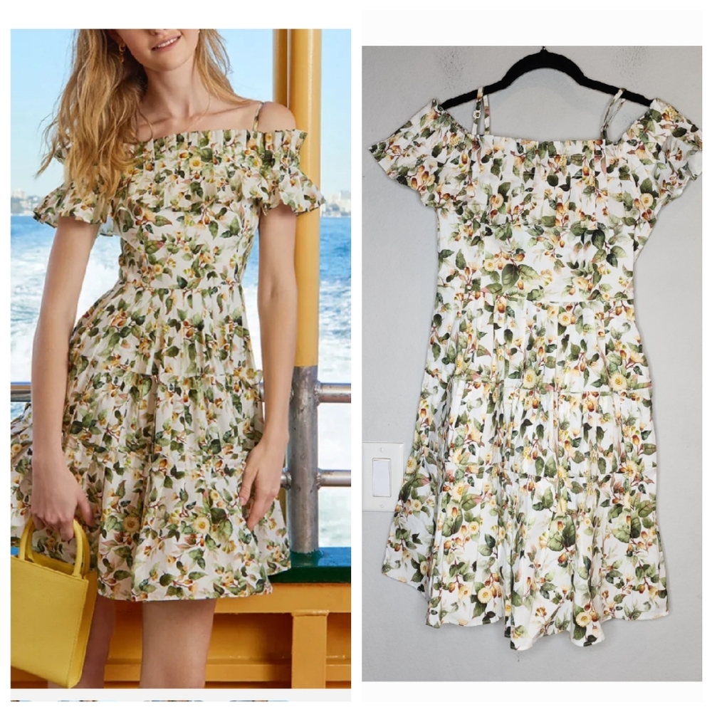 Floral Off-Shoulder Summer Dress in White and Green